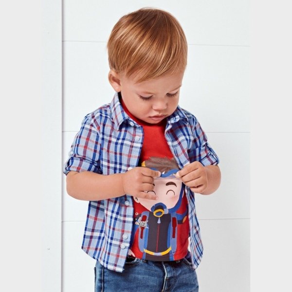 Camisa manga larga bebé niño MAYORAL de lino y cuadros lavanda