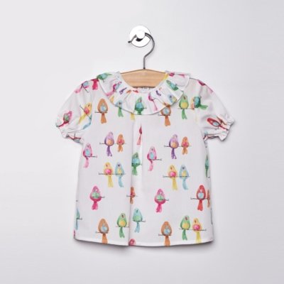 Imagen Blusa manga corta bebé PALOMA DE LA O PV2BL5-E010 estampado periquitos blanco 1b