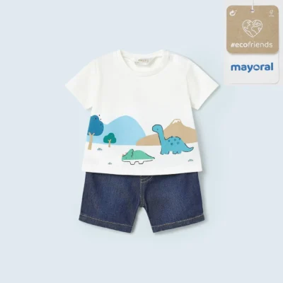 Imagen Conjunto bebé MAYORAL Ecofriends 23-01268-087 pantalón corto y camiseta dinos dark denim 1