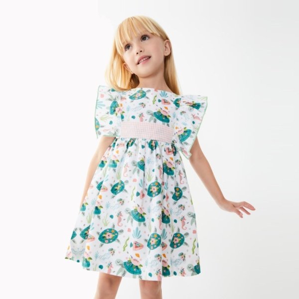 Vestido niña TARTALETA de tela estampado de tortugas
