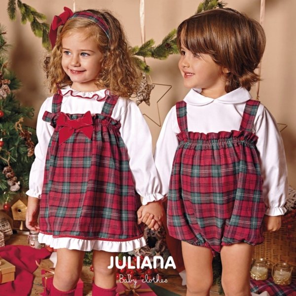 Conjunto de niña JULIANA de pichi cuadro escocés y blusa con cuello volante