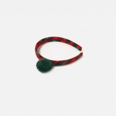 Imagen-Diadema-de-niña-JULIANA-J8255-de-tela-con-estampado-cuadros-y-pompón-verde-musgo-1
