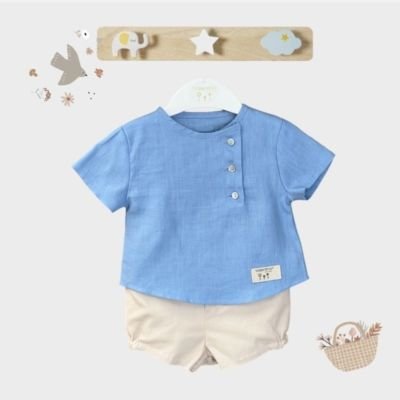 Conjunto VALENTINA BEBÉS para niño de camisa y pantalón corto BEK40 azul y beige