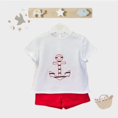 Conjunto VALENTINA BEBÉS para niño de camiseta y pantalón corto BEK185 blanco y rojo