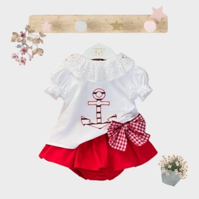 Conjunto VALENTINA BEBÉS para bebé niña de camiseta y falda ranita BEK186 blanco y rojo