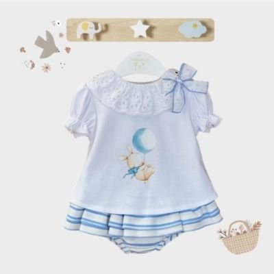 Conjunto VALENTINA BEBÉS para bebé niña de camiseta y falda ranita BEK41 blanco y azul